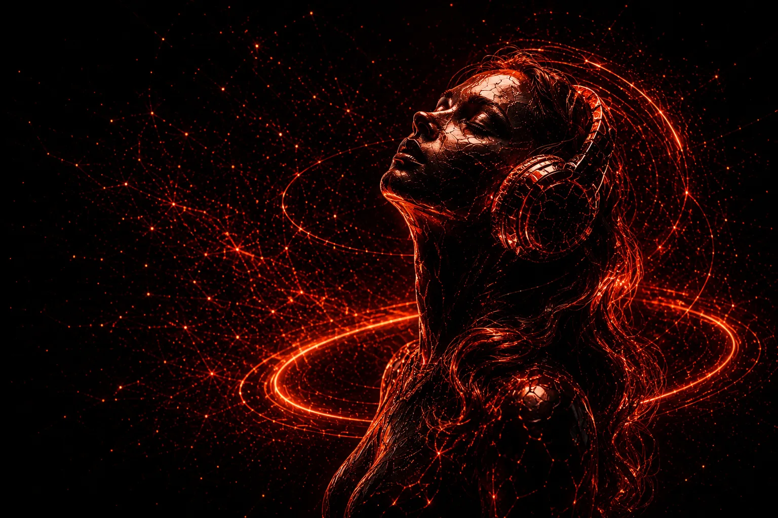 Veyla Bangkok — a woman in headphones lit by red techno energy